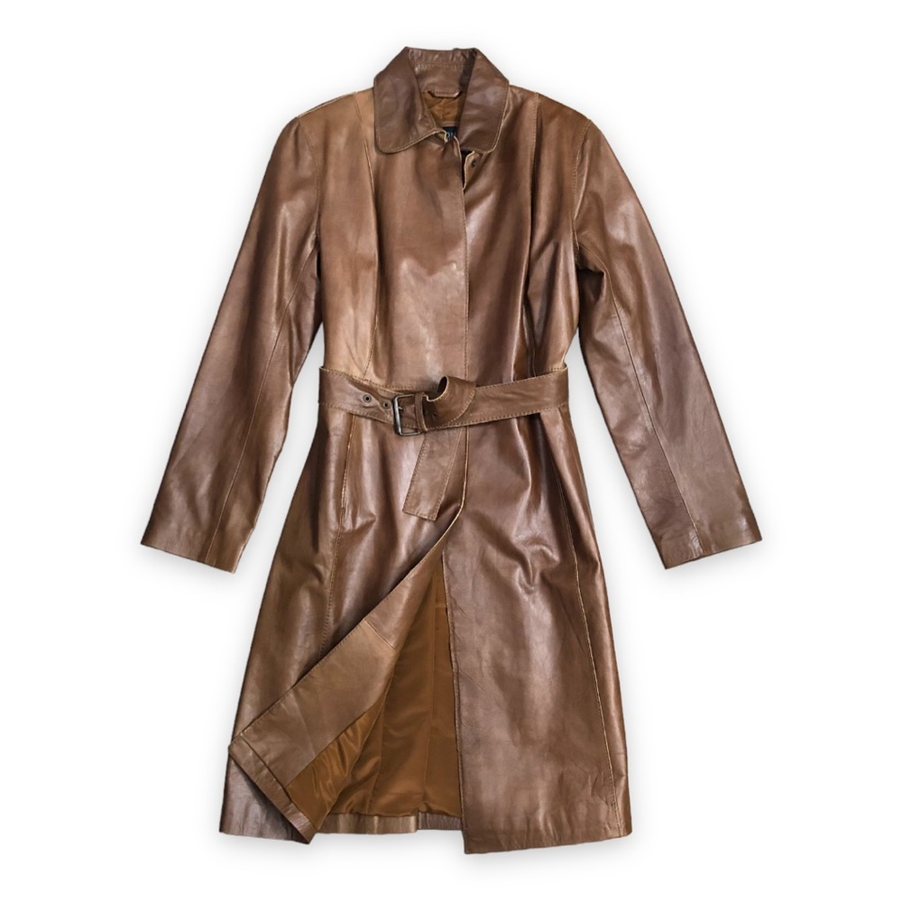 Wilsons Leather Pelle Studio Trench Belted/Tie Button Down Coat/Jacket Size XL